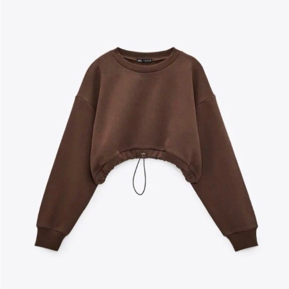 🤎ZARA Women Sweater Medium Brown Cotton Blend Long Sleeve Cropped Pullover🤎